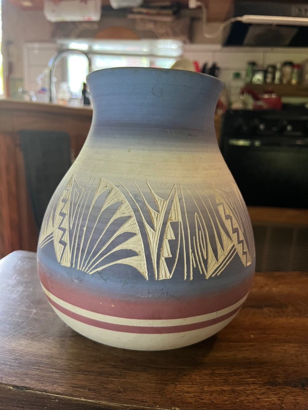 Handcrafted Blue and Mauve Authentic Navaho Pottery Vase signed by Silas